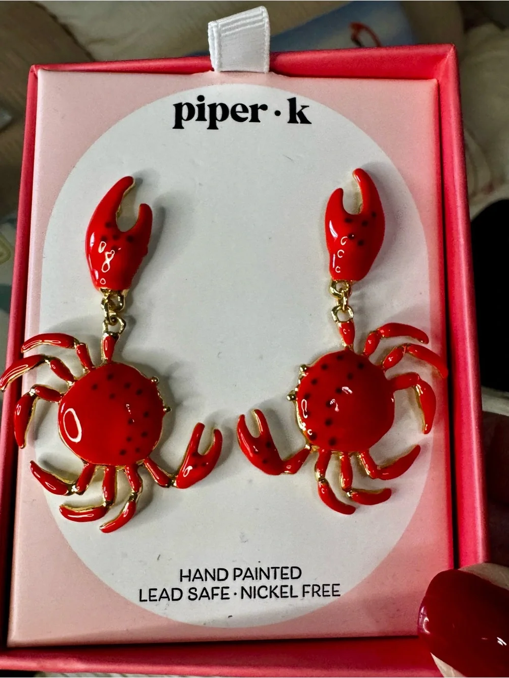 Piper.k Red Hand-Painted Crab Drop Earrings